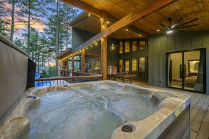 Terrace/patio - Sleeps 18 people with a private heated pool, hot tub, playground, fire pit, and a private arcade! (Broken Bow)