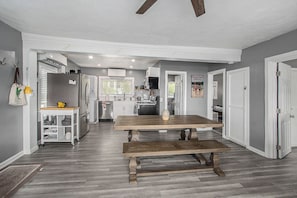 Fridge, microwave, dining tables