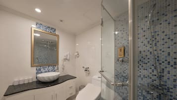 Hair dryer, slippers, towels, shampoo