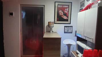 Mini-fridge, microwave, dishwasher, cookware/dishes/utensils