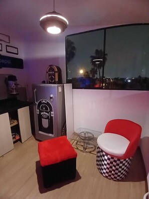 Mini-fridge, microwave, dishwasher, cookware/dishes/utensils