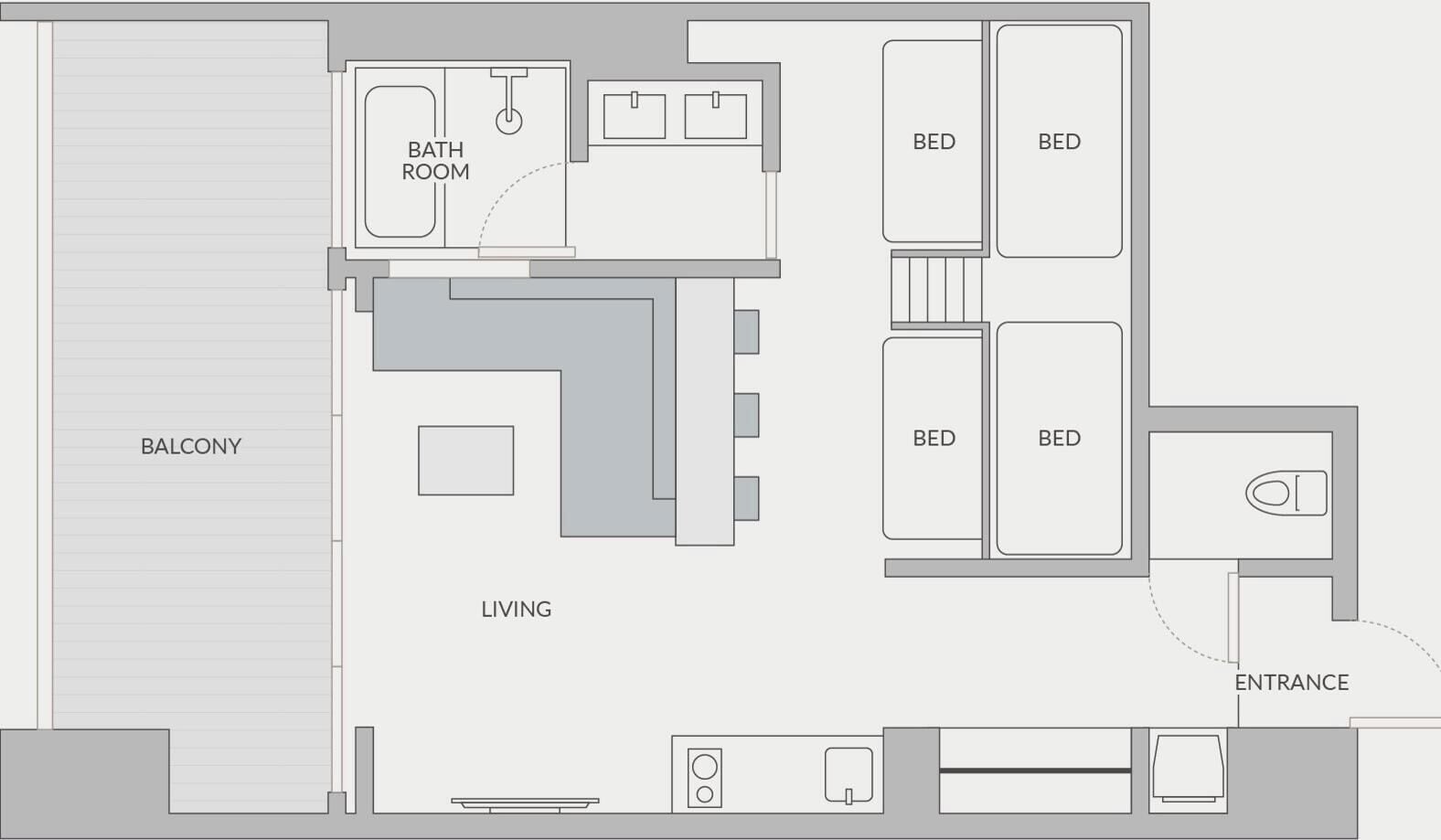A floor plan with a balcony, living area, bathroom, and three bedrooms.