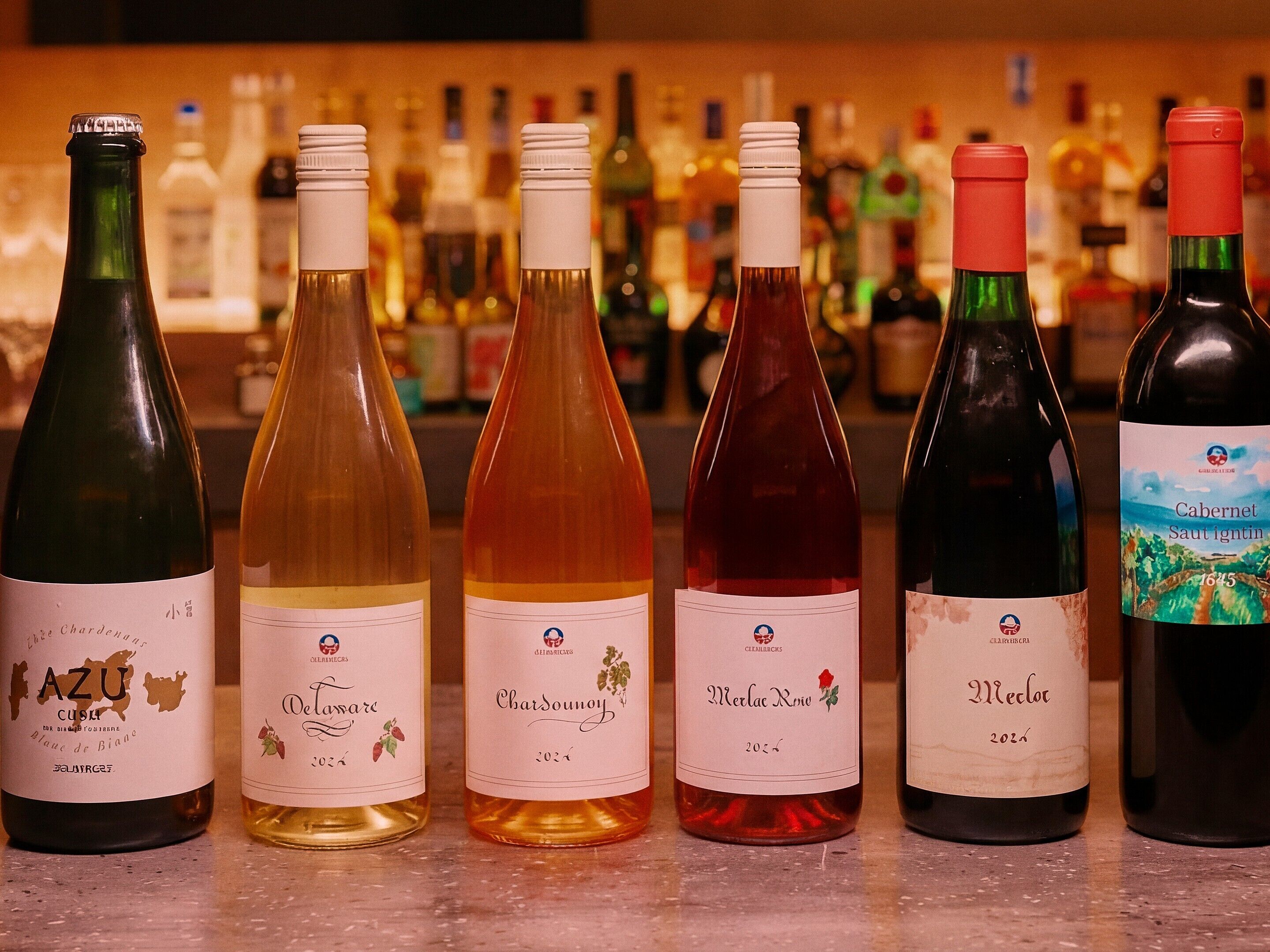 Varias botellas de vino sobre una barra.