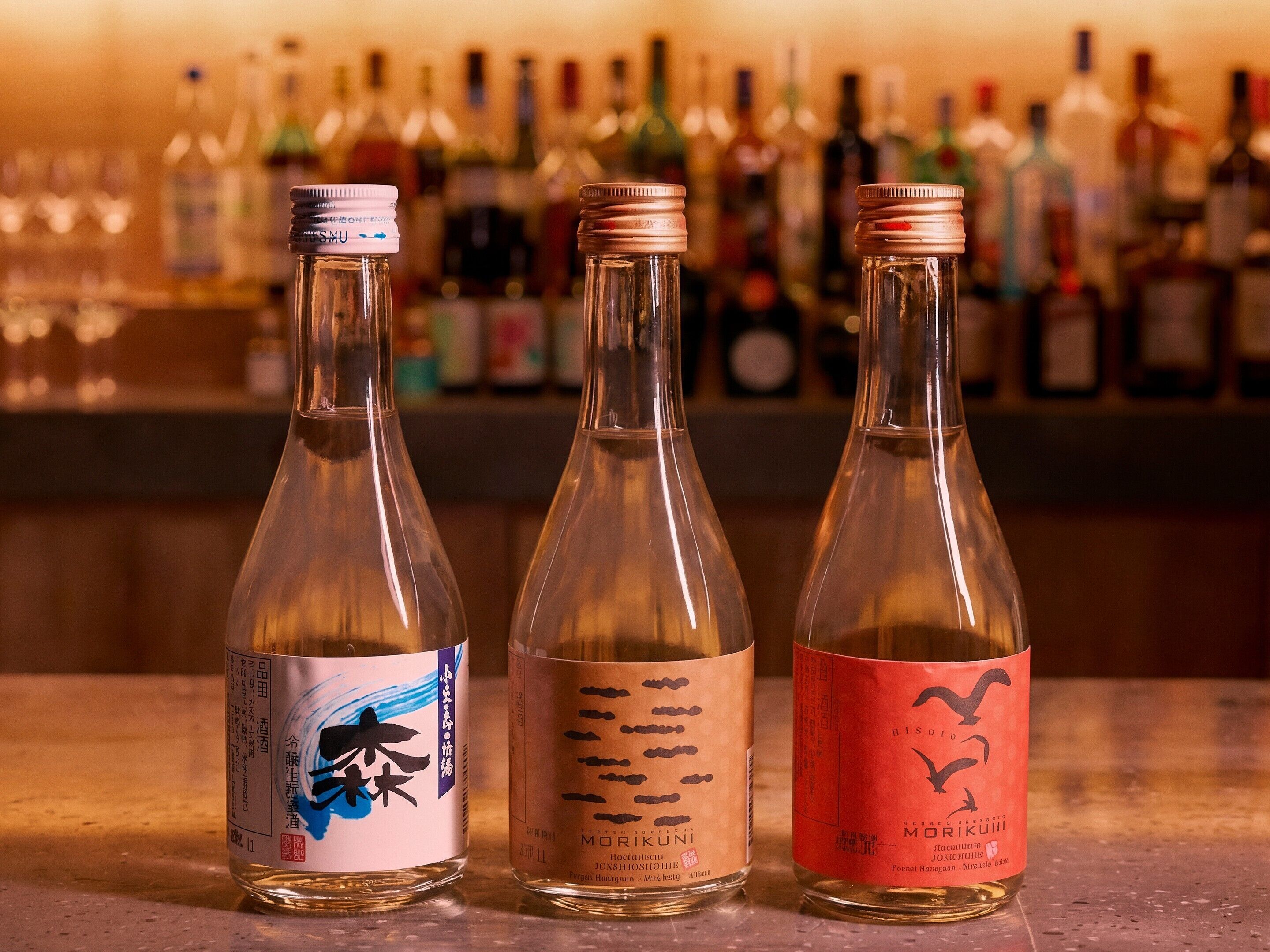 Three bottles of sake on a bar counter with a blurred background of various bottles.