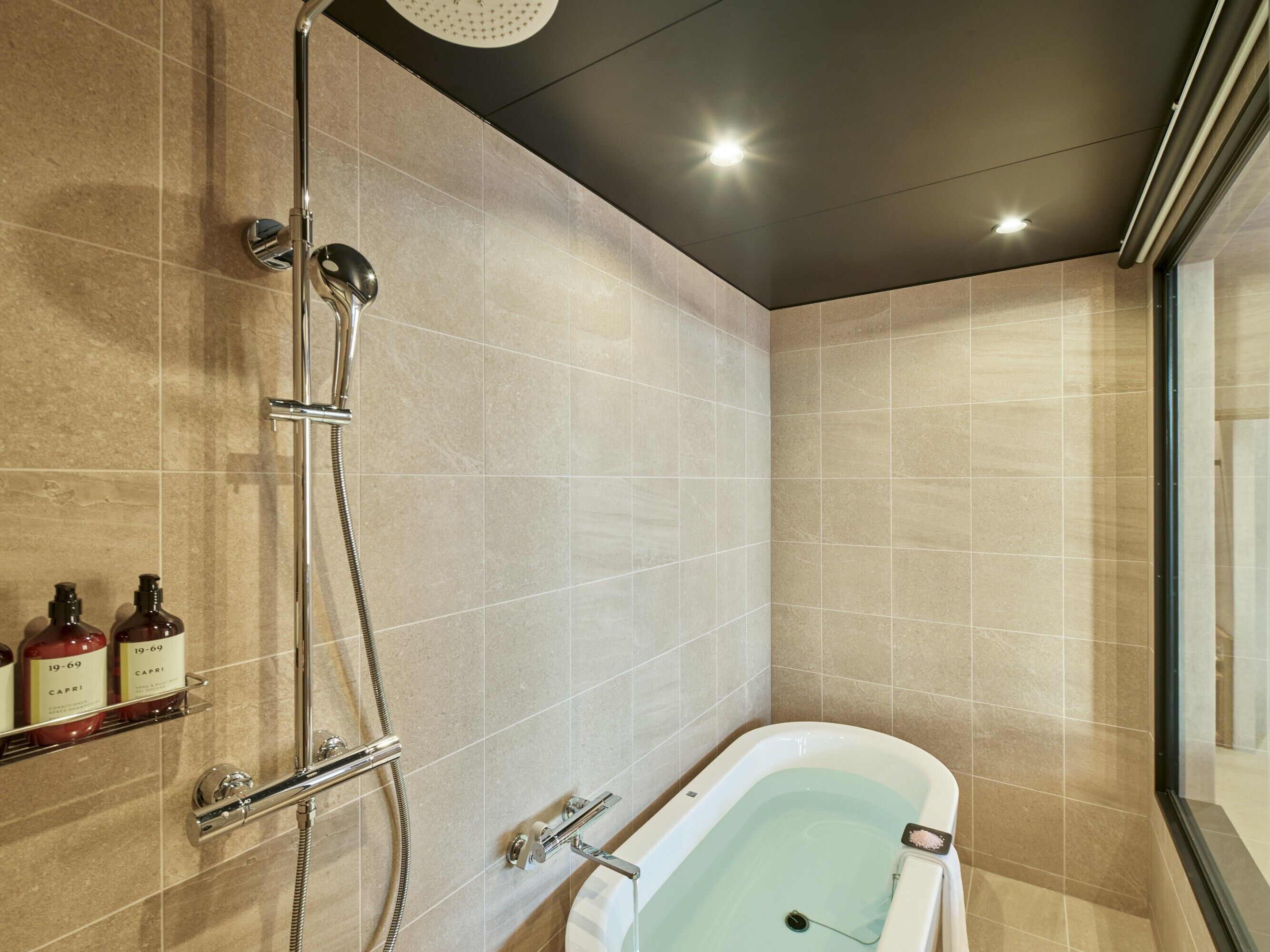 A modern bathroom with a freestanding bathtub, a handheld showerhead, and two bottles of hand soap on a shelf.