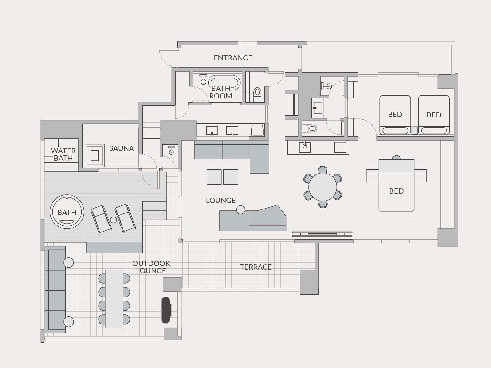 A hotel layout with an entrance, bathroom, lounge, terrace, and outdoor lounge.
