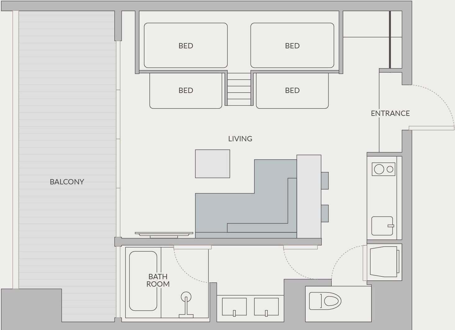 A floor plan with four bedrooms, a living area, a balcony, a bathroom, and an entrance.