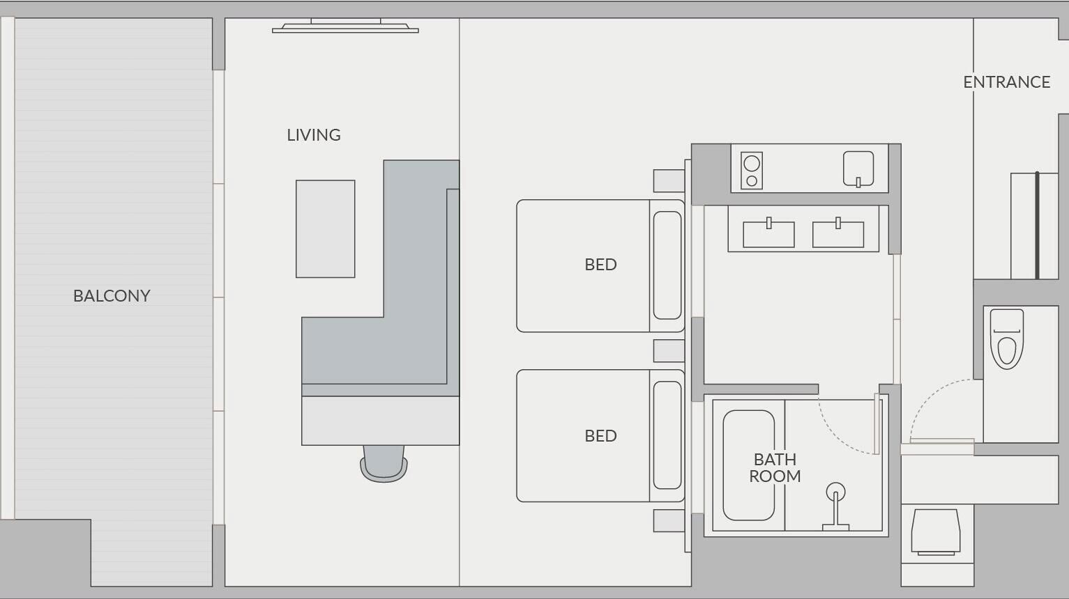 A hotel layout with a balcony, living area, two bedrooms, a bathroom, and an entrance.