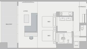 A hotel layout with a balcony, living area, two bedrooms, a bathroom, and an entrance.