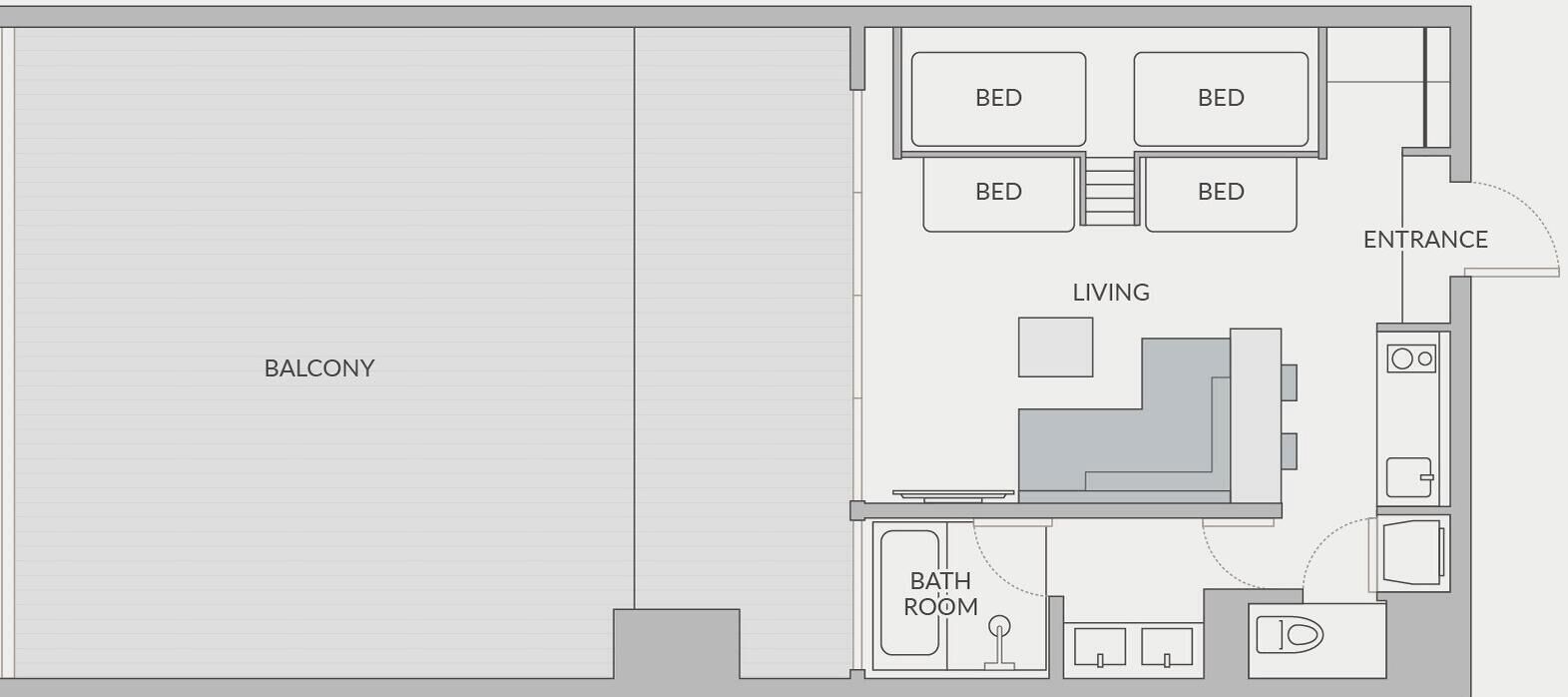 Plano de planta de un hotel con balcón, varias habitaciones, sala de estar, baño y entrada.