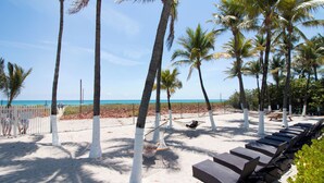 A beach with white-topped palm trees, a hammock, and sun loungers. - Oceanside 2 bedroom Escape with Pool, Steps from the Beach - (Miami Beach)