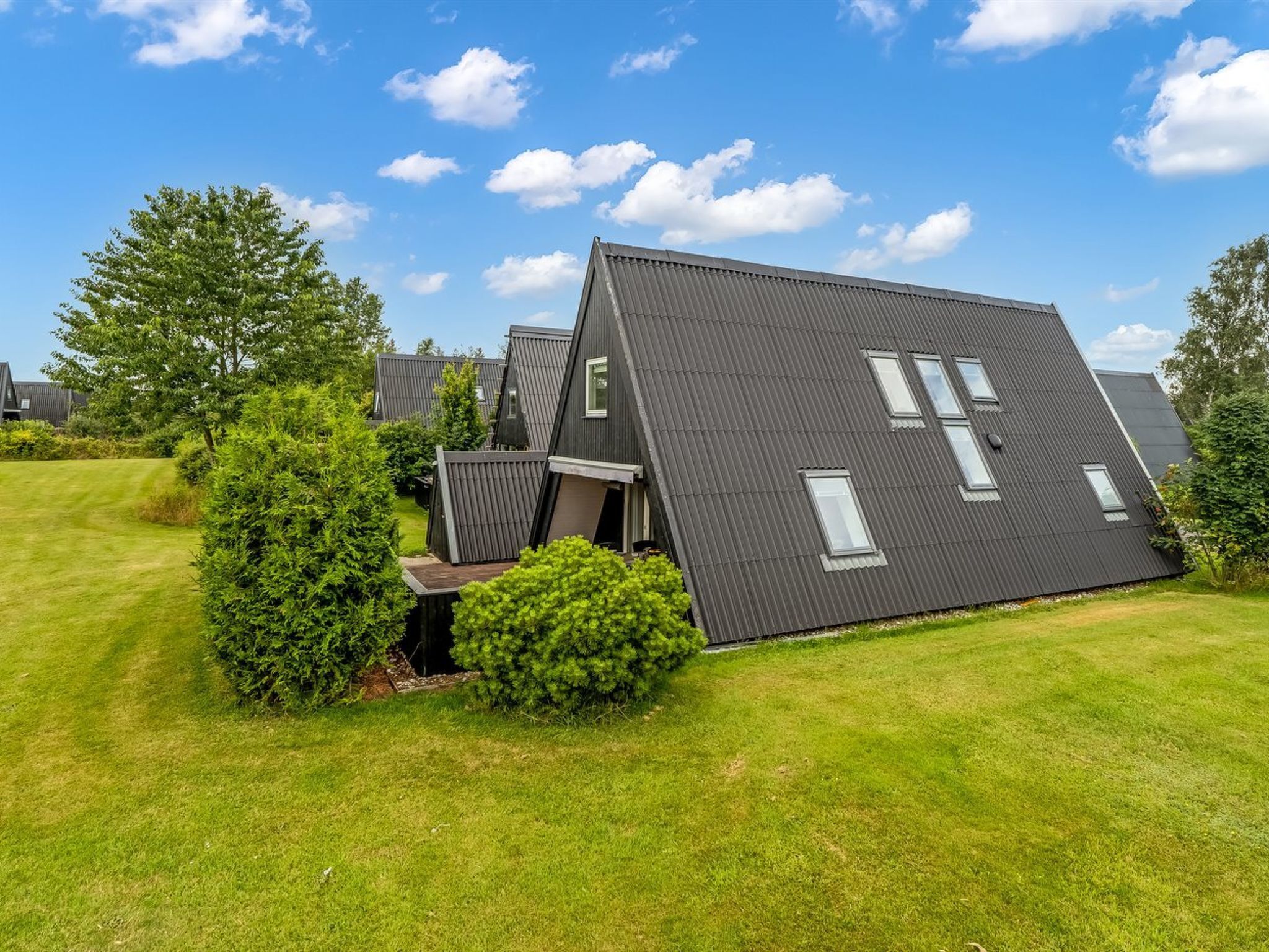 A modern house with a sloped roof, surrounded by a well-maintained lawn and trees.