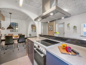 Fridge, microwave, dishwasher, cookware/dishes/utensils