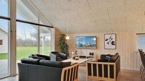 TV, fireplace, video-game console, foosball