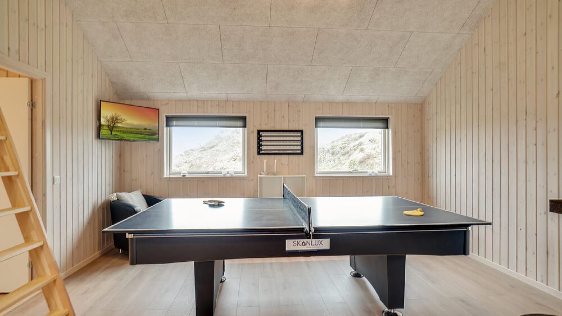 Een tafeltennistafel in een kamer met houten wanden en twee ramen.