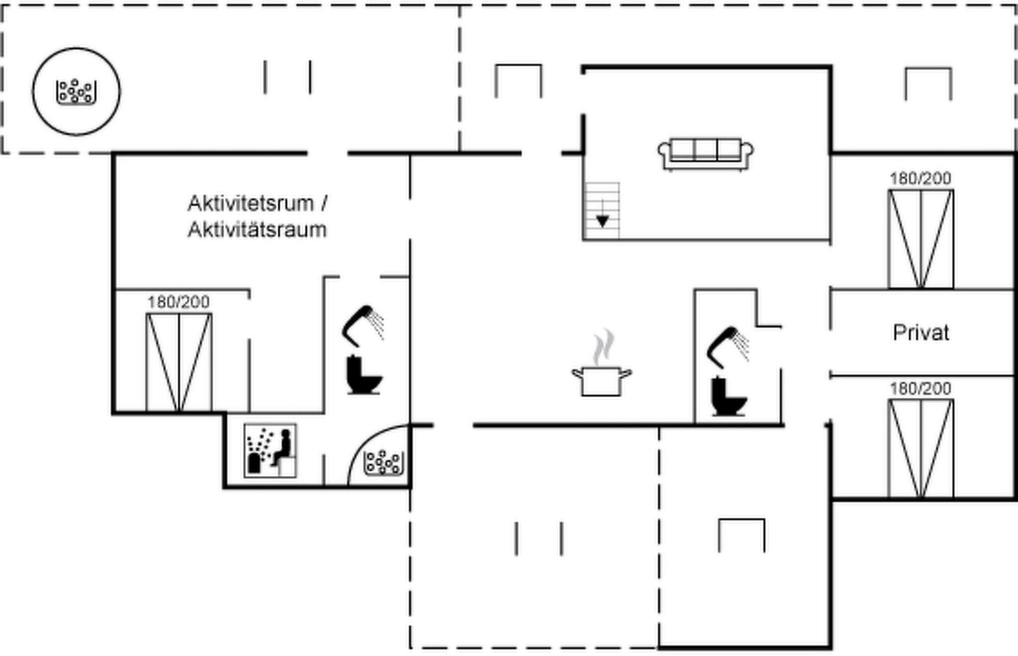 Un plan d’étage d’hôtel comprenant une kitchenette, une chambre privée et un espace de vie.