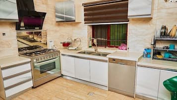 Family Apartment, Balcony, City View | Private kitchen | Fridge, microwave, oven, stovetop