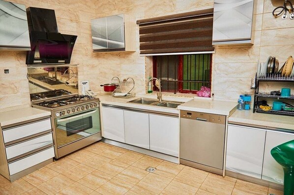 Family Apartment, Balcony, City View | Private kitchen | Fridge, microwave, oven, stovetop