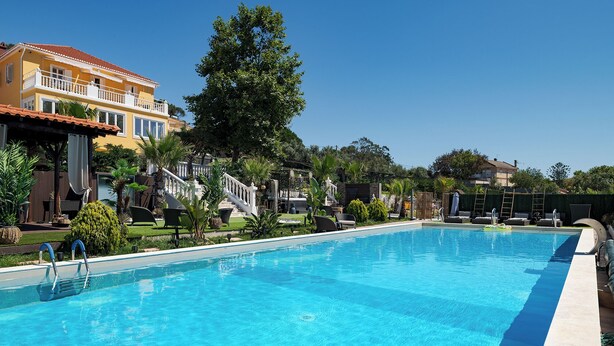 Una piscina con superficie de agua azul cristalina, rodeada por un jardín bien cuidado con diversas plantas y un árbol grande.
