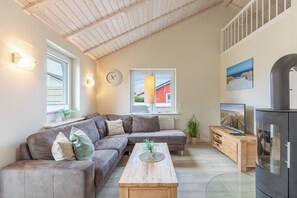 Télévision, cheminée, chaîne hi-fi