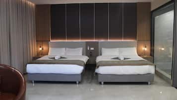 Desk, laptop workspace, free WiFi, bed sheets