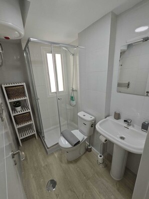 Hair dryer, towels, soap, toilet paper
