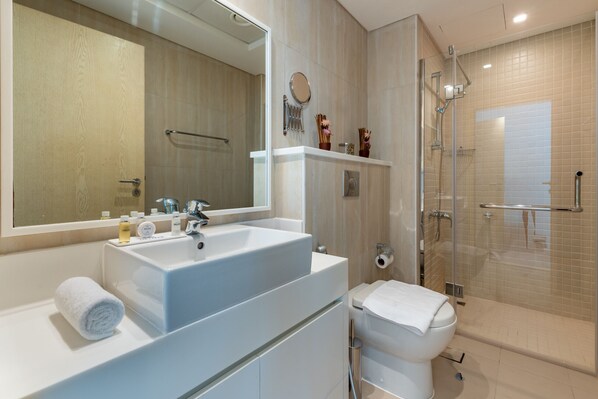 Douche, séchoir à cheveux, bidet, serviettes fournies