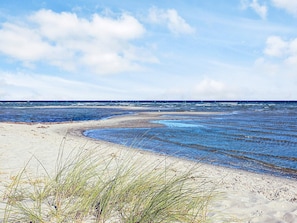 A beach with sand, water, and grass.