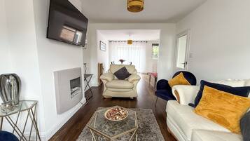 Una televisión, una chimenea