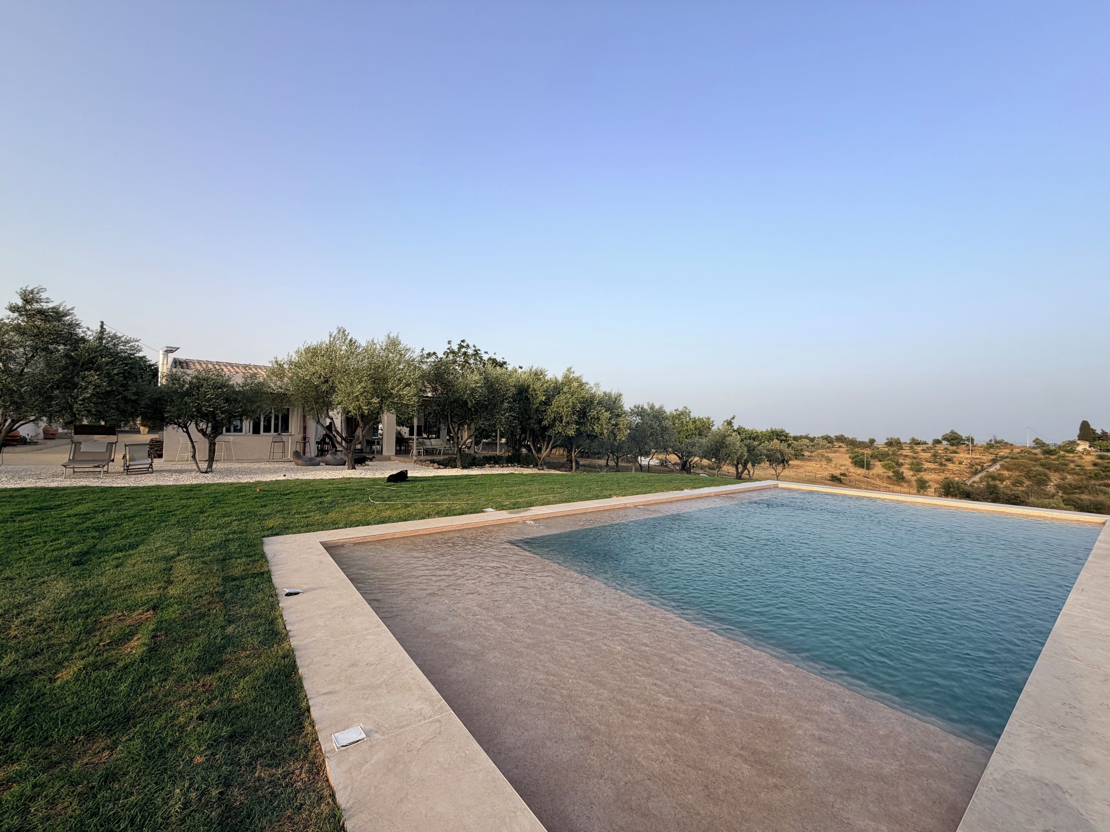 A swimming pool with a surrounding lawn and trees, a building with a tiled roof, and a clear sky.
