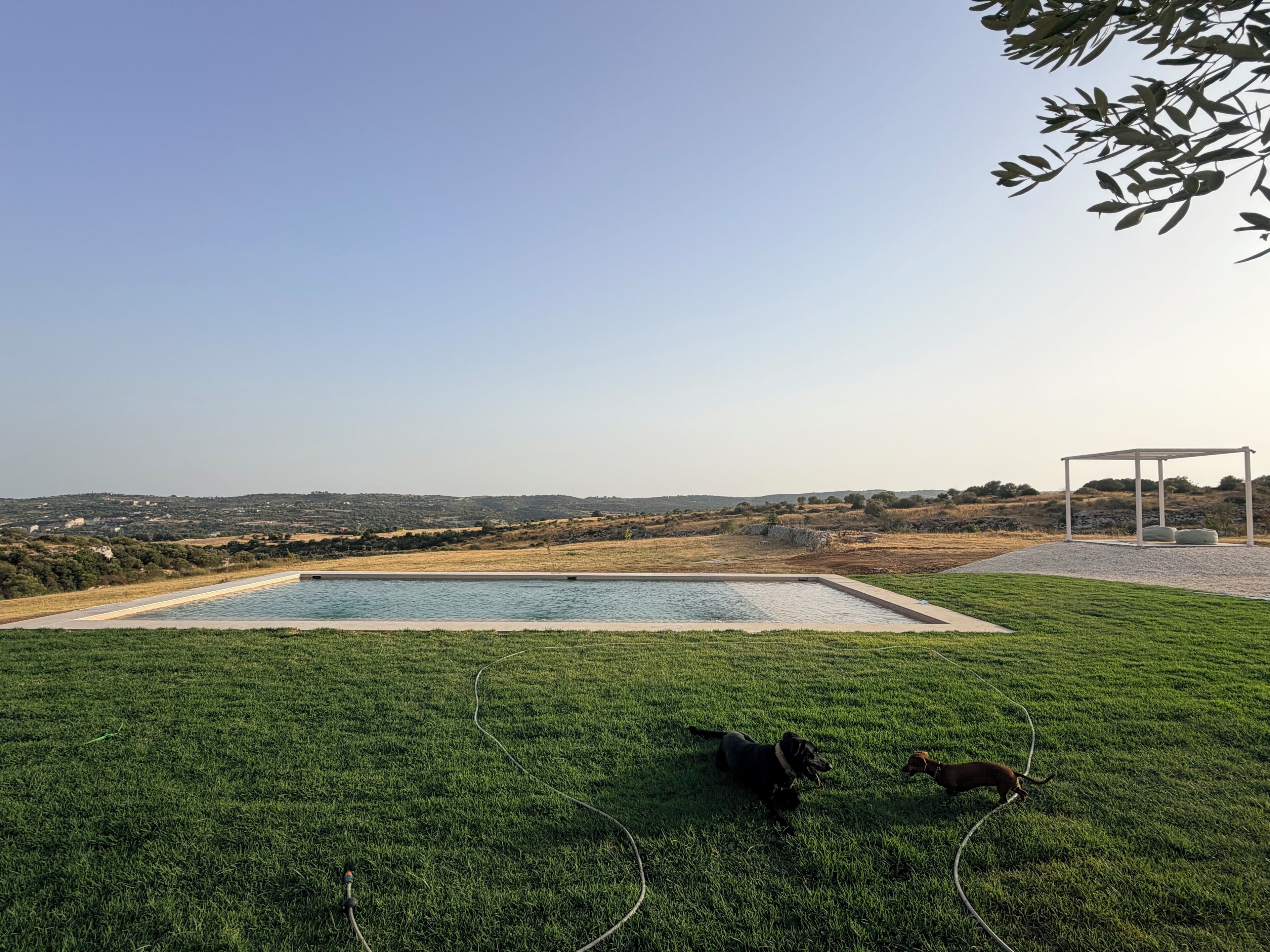 Ein Schwimmbecken mit Rasenfläche, einer Pergola und Blick auf ferne Hügel.