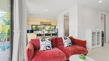 Villa, 4 Bedrooms, Mountain View | Living room | 50-inch Smart TV with cable channels, Netflix, streaming services