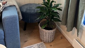 A cozy room with a blue sofa, a small round ottoman, a wicker basket, and a potted plant.