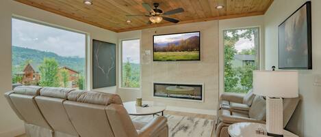 TV, fireplace, foosball