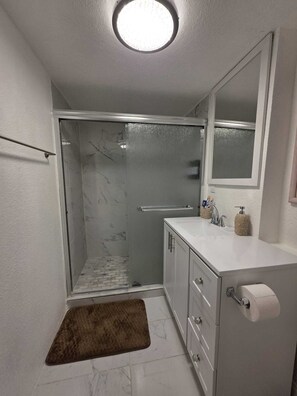 Hair dryer, towels, soap, shampoo