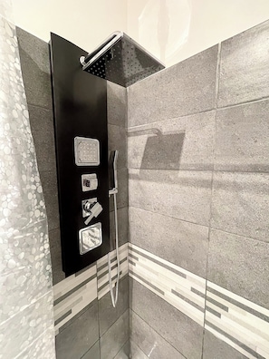 Hair dryer, bidet, towels, soap