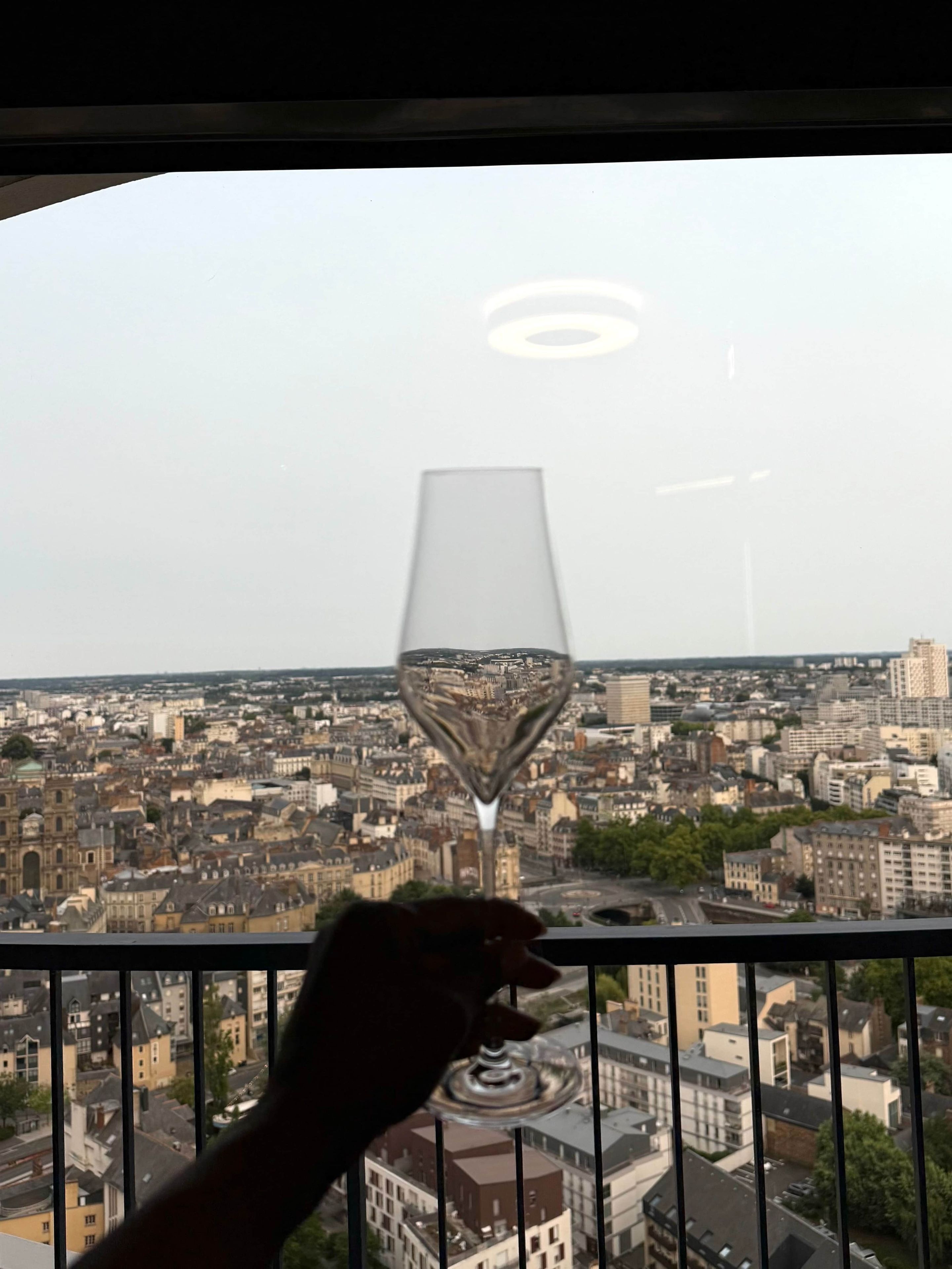 A hand holding a wine glass with a cityscape in the background.