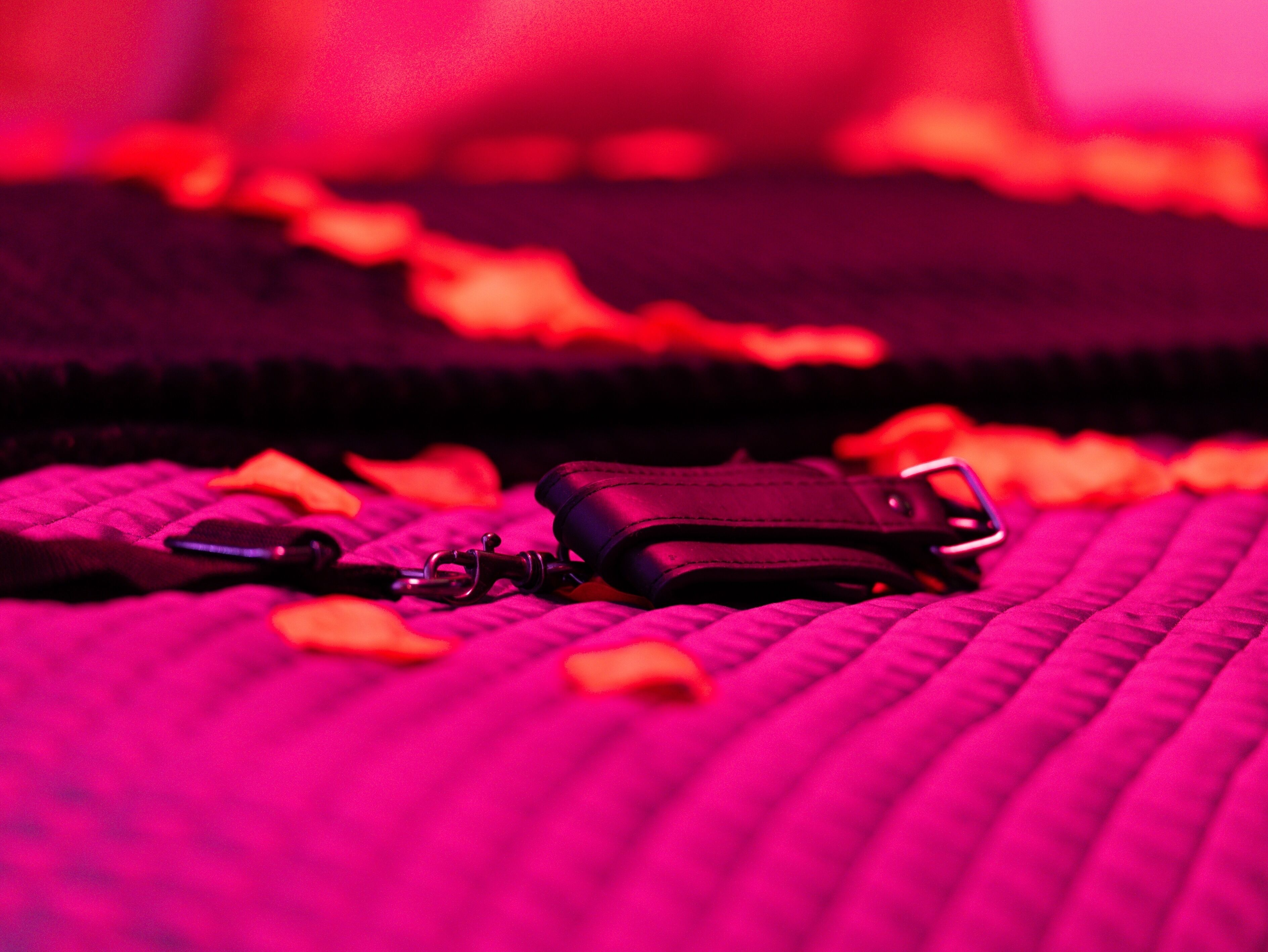 A bed with a red blanket and a black object on it.