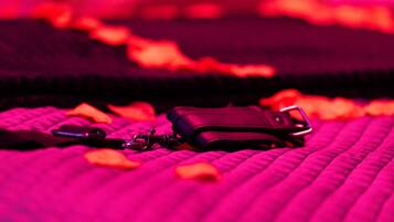 A bed with a red blanket and a black object on it.