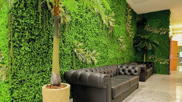 A lobby with a green wall, a black leather sofa, and a tall plant in a pot. - Bristol Marambaia Belem (Belém)