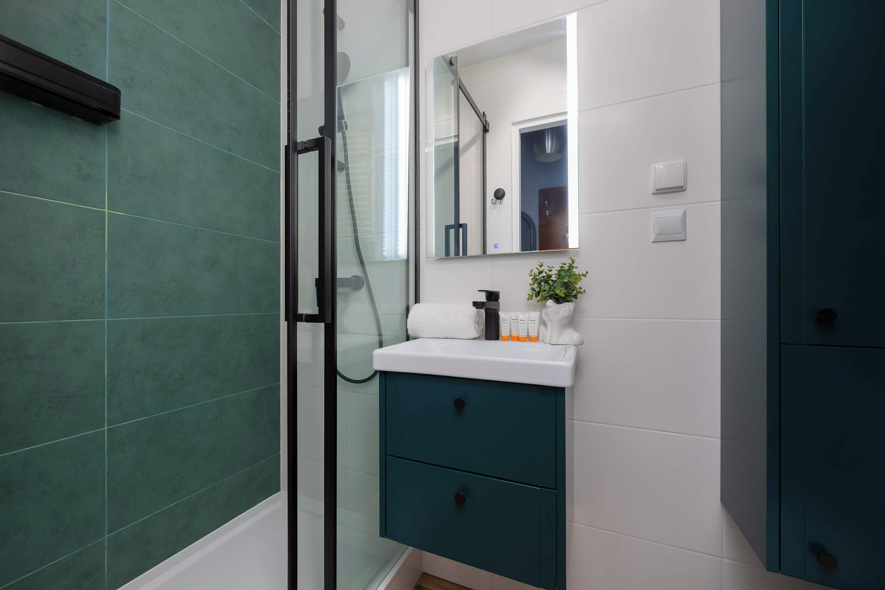 Dusche, Haartrockner, Handtücher, Shampoo