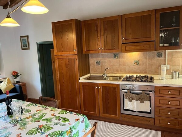 Fridge, microwave, oven, stovetop