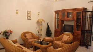 A living room with wicker furniture, a glass cabinet with a TV, and a small Christmas tree.