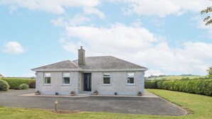 A two-story house with a grey exterior, a chimney, and a driveway leading to the front door. - Dunbrody Dreams (Campile)