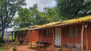 Un bâtiment rustique avec un toit en tôle ondulée, des bancs en bois et une échelle.