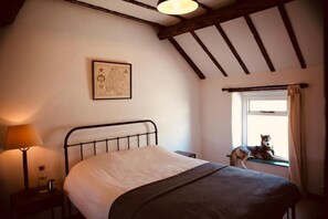 Une chambre à coucher avec un lit, une table de chevet, une lampe, une fenêtre avec des rideaux et un chat assis près de la fenêtre.