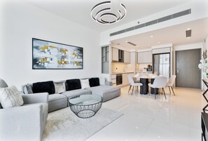 Premium Apartment, Balcony, Bay View | Living area - PVH - Sea view 2BR - Sunrise Bay (Dubai)