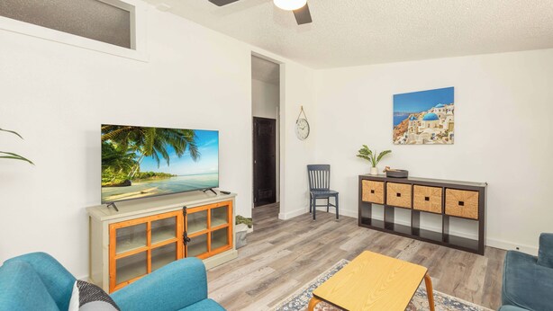 A living room with a TV, sofa, coffee table, and a ceiling fan.