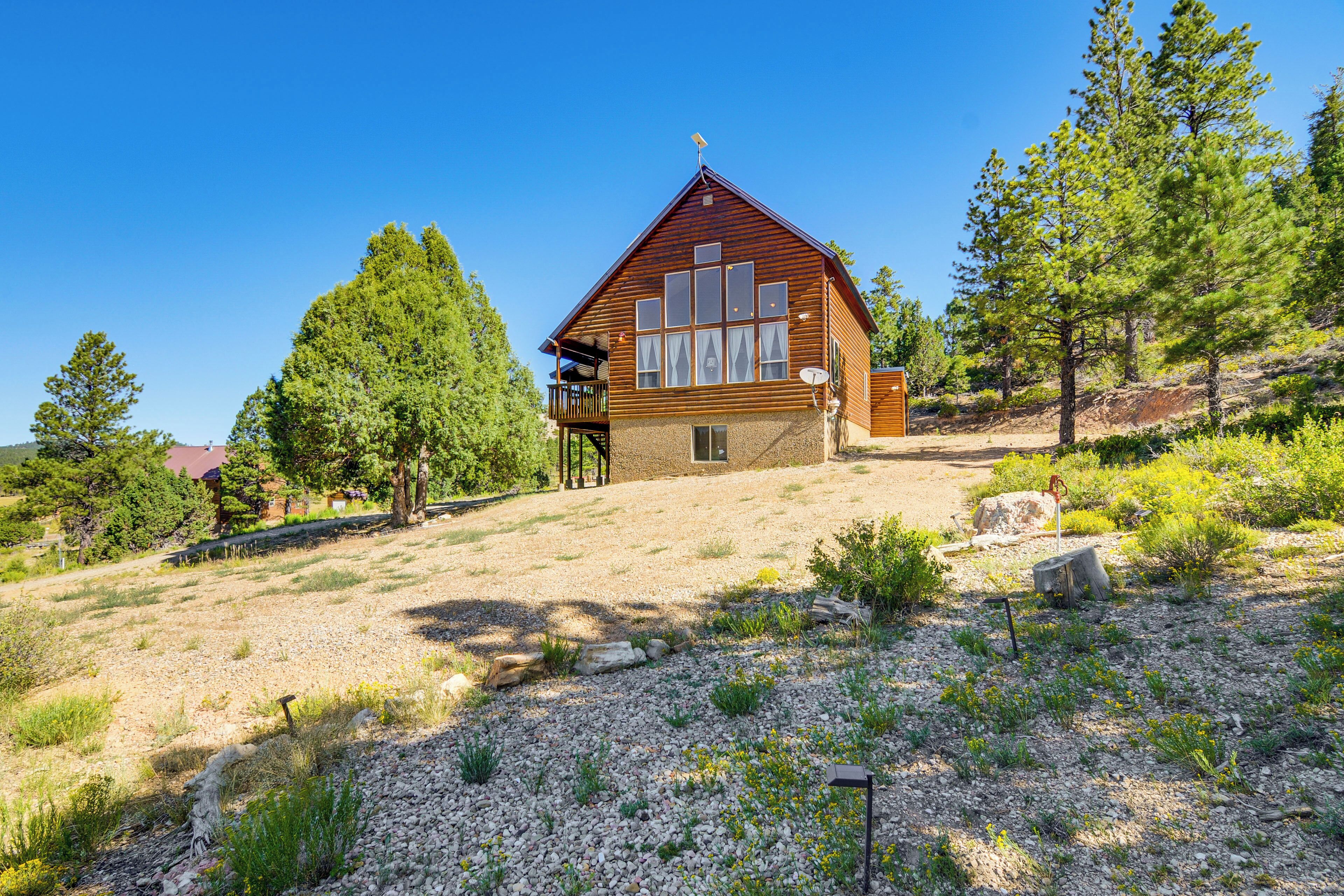 A wooden cabin with a balcony, surrounded by trees and a gravel path.