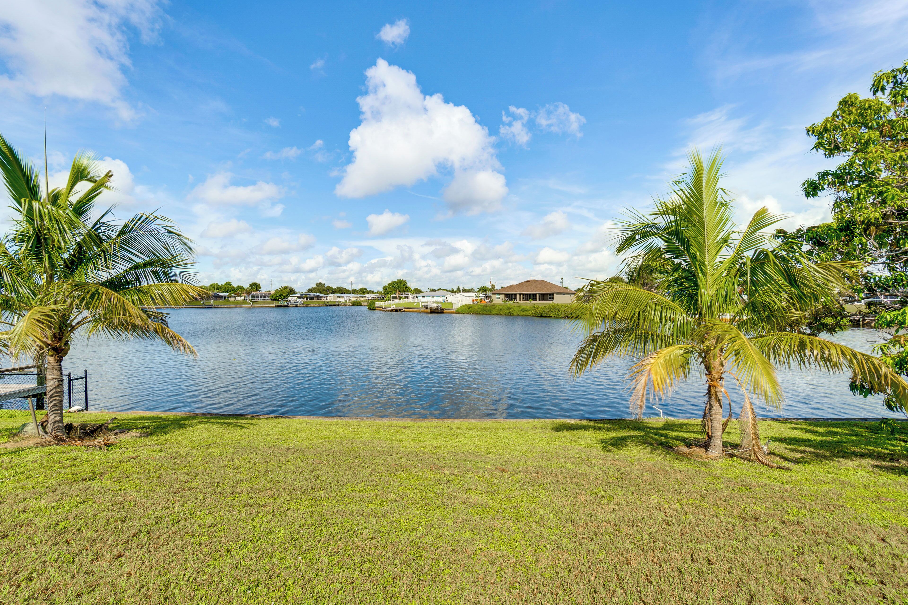 A serene lakeside view with palm trees and a clear sky.
